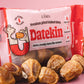 Datekin Premium Pitted Sukkari Dates are nestled among spilled dates. This nutritious snack is in striking red and white packaging with a fun cartoon character, emphasizing sweet, creamy, tastes like caramel and its one of your 5 a day. Ideal for easy shelf display and quick pick-ups.